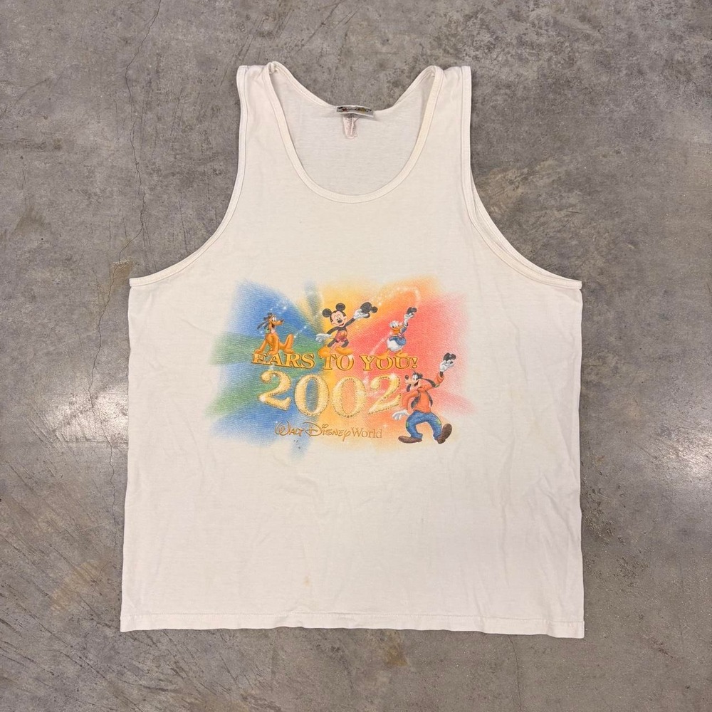 Vintage Disney World 2002 Mickey Goofy Pluto Graphic Tank Top White Large Y2K